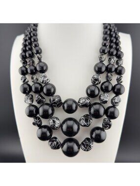 Vintage Beaded Statement Necklace Black Silver Acrylic Multi Strand